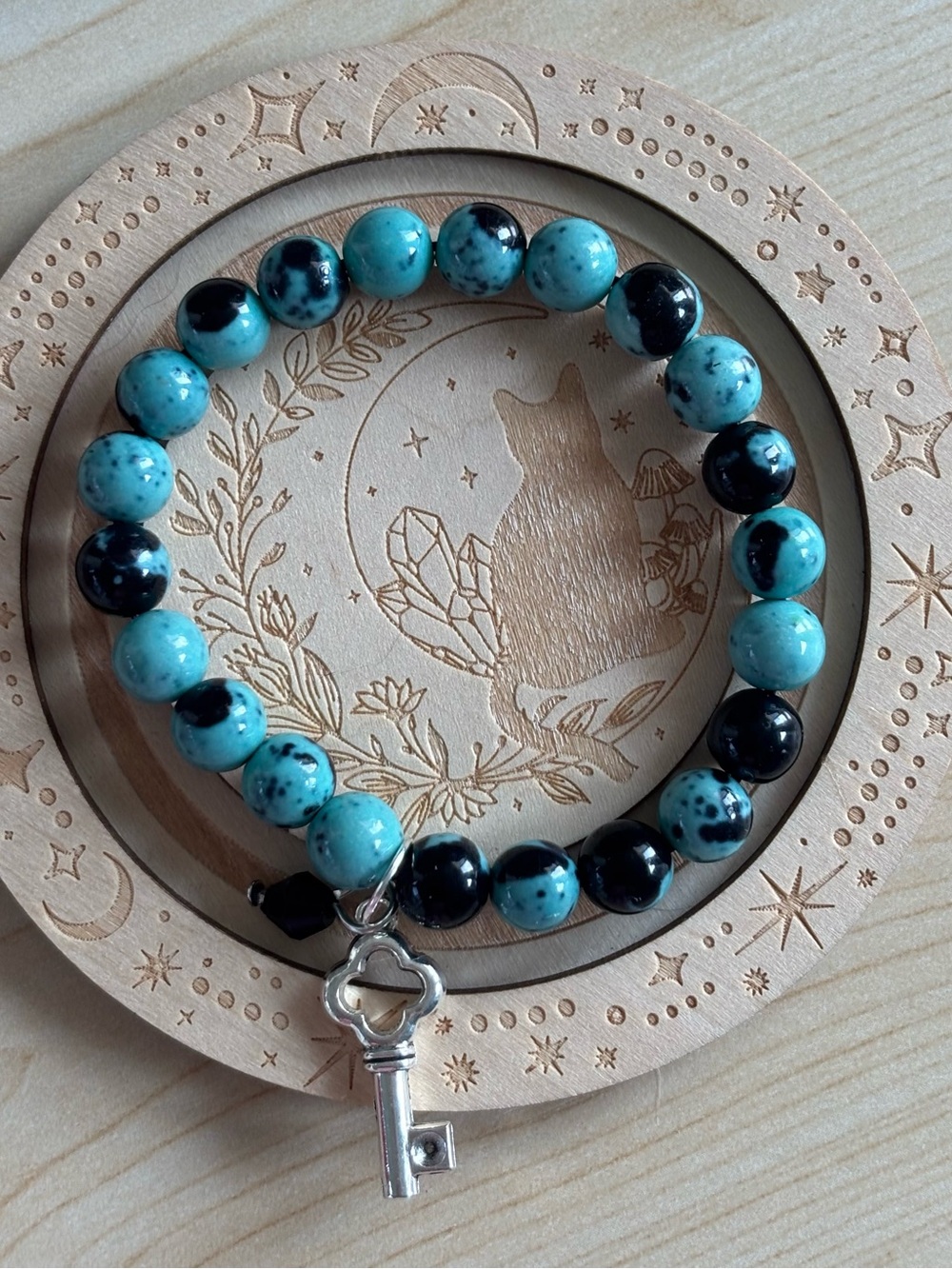 Blue & Black Jasper Beaded Bracelet with Key Charm